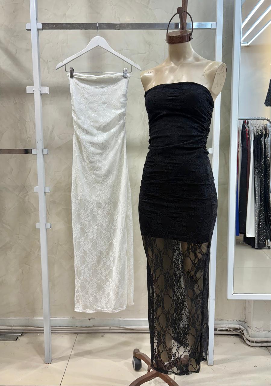 Vestido strapless fruncido (Encaje)